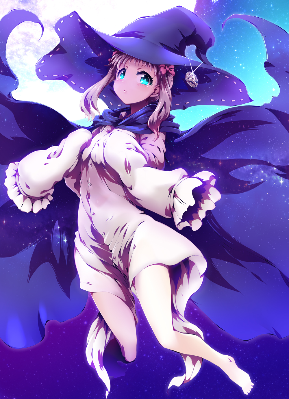 10s 1girl :&lt; barefoot blonde_hair blue_eyes bow cape fantasista_doll female_focus hair_bow hat highres long_hair long_sleeves looking_at_viewer proto-zero_(fantasista_doll) solo thighs tokyo_(great_akuta) twintails witch_hat