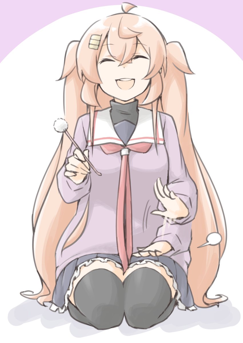 1girl akara_kai black_thighhighs breasts brown_hair cotton_swab ear_cleaning hair_flaps hair_ornament hairclip highres kantai_collection lap_pillow lap_pillow_invitation large_breasts light_brown_hair long_hair long_sleeves mimikaki multiple_girls murasame_(kancolle) murasame_kai_ni_(kancolle) open_mouth pink_background pink_sweater red_eyes ribbon school_uniform serafuku sitting smile solo sweater thighhighs two_side_up white_background