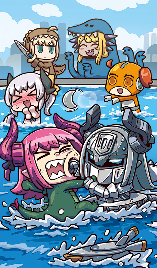 &gt;_&lt; 6+girls :d animal_costume artoria_pendragon_(fate) blonde_hair blue_sky blush bodysuit bun_with_braided_base chibi chibi_only chinese_zodiac closed_eyes closed_mouth cloud commentary_request costume day dragon_costume dragon_girl dragon_horns elizabeth_bathory_(fate) elizabeth_bathory_(fate/extra) face_punch fate/grand_order fate_(series) fujimaru_ritsuka_(female) giant giantess green_eyes hair_through_headwear holding holding_sword holding_weapon horns in_the_face kiyohime_(fate) kiyohime_(fate/grand_order) kiyohime_(swimsuit_lancer)_(fate) long_hair mecha mecha_eli-chan_mk.ii_(fate) motion_lines multiple_girls official_art one_side_up open_mouth orange_bodysuit orange_eyes orange_hair outdoors pacific_rim parody pink_hair ponytail punching riyo_(lyomsnpmp) robot robot_girl saber_(fate) sharp_teeth sidelocks sky skyline smile splashing sword teeth third-party_source throwing two-handed v-shaped_eyebrows vritra_(fate) water watercraft weapon wet white_hair year_of_the_dragon