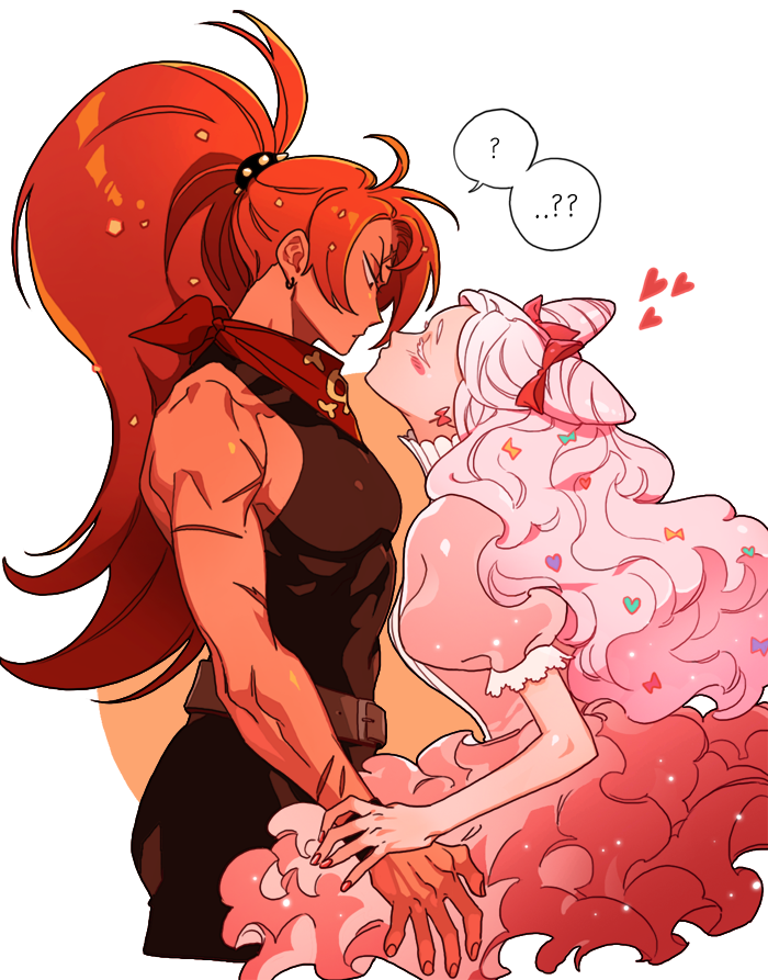 2girls ? bandana bandana_around_neck belt black_pants blush_stickers bongbong_031 bow breasts brown_belt butterfly_cut chili_pepper_cookie closed_eyes closed_mouth cone_hair_bun confused cookie_run cookie_run:_ovenbreak cotton_candy_cookie covered_navel cowboy_shot cropped_legs double_bun dress earrings face-to-face frilled_dress frills from_side gradient_hair hair_bow hair_bun hand_on_another&#039;s_wrist heart high_ponytail humanization jewelry leaning_forward looking_at_another medium_breasts multicolored_hair multiple_girls muscular muscular_female non-deformed pants parted_bangs parted_hair pink_dress pink_hair ponytail profile puckered_lips puffy_short_sleeves puffy_sleeves red_bandana red_bow red_hair sanpaku scar scar_on_arm scar_on_shoulder short_sleeves side_part simple_background skindentation spoken_question_mark u_u v-shaped_eyebrows wavy_hair white_background yuri