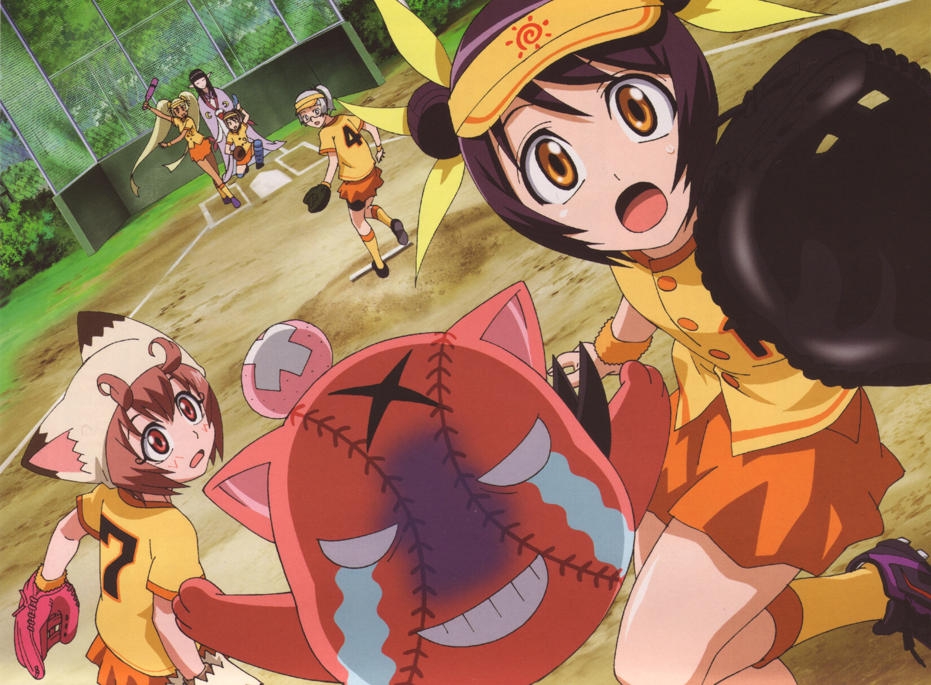 00s 1boy 5girls :o absurdres animal_ears azami azami_(himawari) baseball baseball_glove cat_ears dutch_angle highres himawari himawari! himeji hinata_himawari momota multiple_girls official_art orange_eyes purple_hair red_eyes red_hair scan shikimi shikimi_(himawari) skirt sweatdrop trap tsukiyo-hime uniform visor_cap yusura yusura_(himawari)