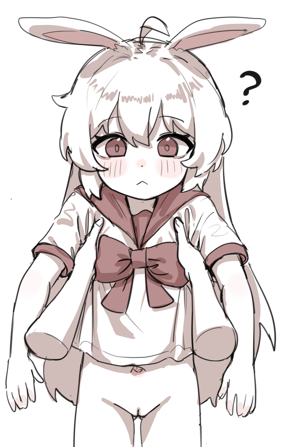 1girl ? ahoge animal_ears armpit_carry bad_id bad_pixiv_id blush bottomless bow bowtie disembodied_hand highres kosobin lifting_person loli long_hair original pov pussy rabbit_girl sailor_collar school_uniform serafuku sidelocks white_background