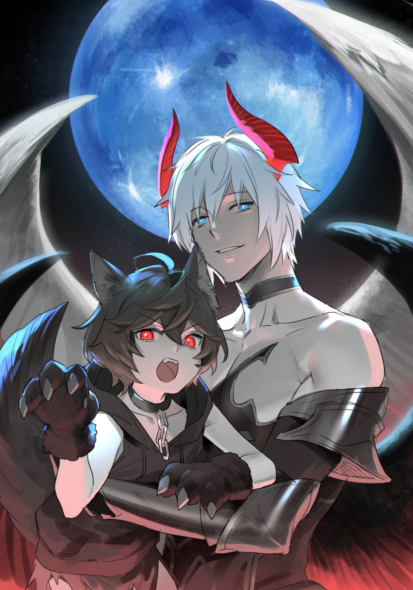 2boys aged_down ahoge angry animal_ears armor bishounen blue_moon brown_hair chain chain_leash collar commentary commentary_request cowboy_shot demon_horns fangs feathered_wings furrowed_brow gloves glowing glowing_eyes granblue_fantasy hair_between_eyes halloween_costume hood hood_down hoodie horns leash lifting_person lucifer_(shingeki_no_bahamut) male_focus messy_hair moon multiple_boys open_mouth parted_lips priest red_eyes sandalphon_(granblue_fantasy) short_hair sleeveless sleeveless_hoodie tekki_(tki) upper_body white_wings wings wolf_ears wolf_paws