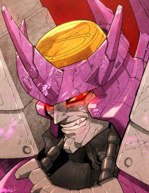 1boy close-up decepticon galvatron glowing glowing_eyes looking_at_viewer mecha no_humans red_eyes robot ryuuichirou_(haineken) smirk solo transformers