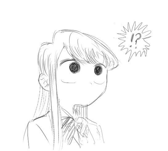 !? 1girl black_eyes black_hair female_focus greyscale komi-san_wa_komyushou_desu komi_shouko long_hair mitsugu monochrome school_uniform simple_background solo spoken_interrobang white_background wide-eyed