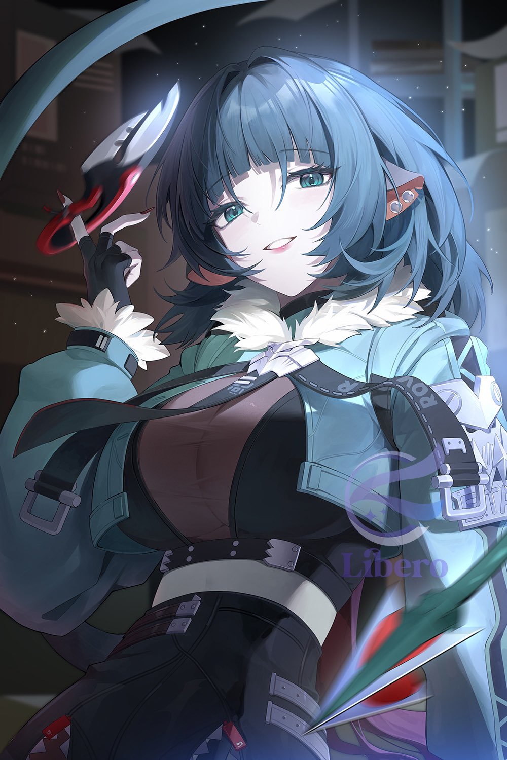 1girl animal_ears artist_name black_hair black_necktie black_shorts box breasts cardboard_box cleavage commentary crop_top green_eyes green_jacket high-waist_shorts highres holding holding_weapon jacket jane_doe_(zenless_zone_zero) libero_art long_hair mouse_ears mouse_girl mouse_tail necktie parted_lips see-through_cleavage see-through_clothes shorts smile solo tail upper_body weapon zenless_zone_zero