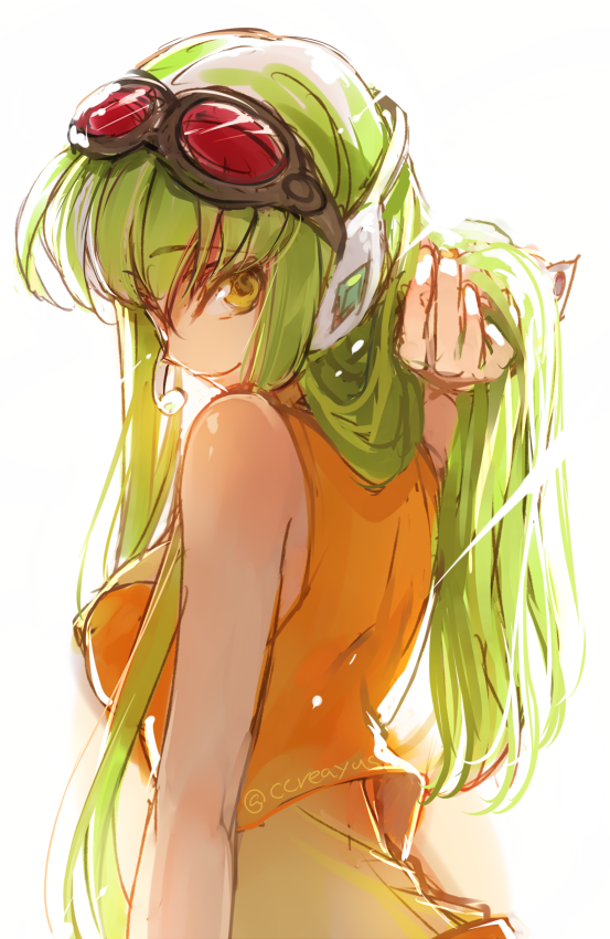 1girl adjusting_hair bare_shoulders breasts c.c. code_geass cosplay creayus female_focus goggles goggles_on_head green_hair gumi gumi_(cosplay) hair_ornament headset holding holding_own_hair large_breasts long_hair looking_at_viewer looking_back megapoid simple_background smile solo trait_connection twitter_username vocaloid white_background yellow_eyes