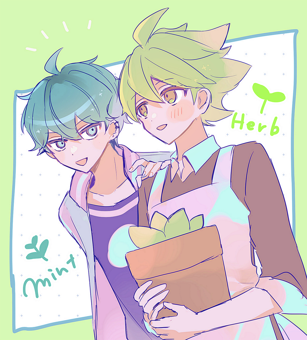 2boys apron aqua_hair blue_hair cookie_run cookie_run:_ovenbreak green_hair herb_cookie holding humanization looking_at_viewer male_focus mamimumemo multiple_boys personification plant plant_hair potted_plant purple_shirt shirt short_hair smile spearmint_cookie
