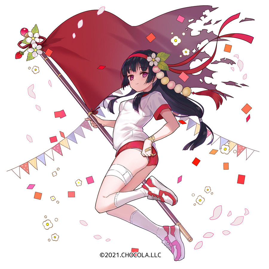 1girl bandaid bandaid_on_hand bandaid_on_wrist black_hair breasts buruma closed_mouth commentary_request flag flower food fruit gym_shirt gym_uniform hair_flower hair_ornament hairband holding holding_flag long_hair miyoshino official_art panties panties_under_buruma pennant petals purple_eyes red_buruma red_hairband red_shoes shirt shoes short_sleeves simple_background small_breasts smile socks solo strawberry strawberry_daifuku_(sugar_conflict) string_of_flags sugar_conflict torn_flag underwear very_long_hair white_background white_flower white_panties white_shirt white_socks