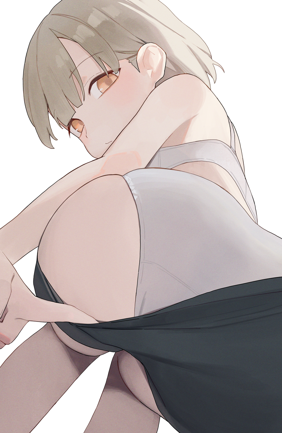 1girl ass black_shorts bra clothes_pull commentary grey_hair highres hiroki_(yyqw7151) looking_at_viewer orange_eyes original panties short_hair shorts shorts_pull simple_background solo underwear white_background white_bra white_panties