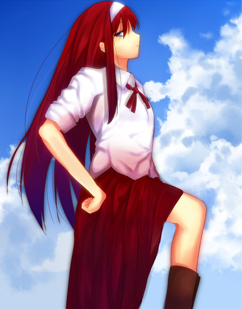 1girl blue_eyes blue_sky brown_footwear closed_mouth cloud commentary_request day gradient_clothes gradient_shirt hairband hand_on_own_hip highres iro_(sekaixiro) long_hair looking_at_viewer neck_ribbon outdoors profile red_hair red_ribbon red_shirt red_skirt ribbon shirt short_sleeves skirt sky solo tohno_akiha toono_akiha tsukihime vermillion_akiha white_hairband white_shirt