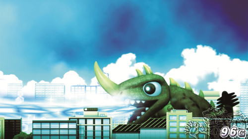 barugon blue_sky breath_weapon breathing_ice building chibi city cloud daiei_motion_picture day energy energy_beam gamera_(series) gamera_vs._barugon horns ice ice_beam kadokawa lowres mouth_beam nasal_horn no_humans open_mouth pachislot_gamera sammy sharp_teeth sky spikes tail teeth tongue