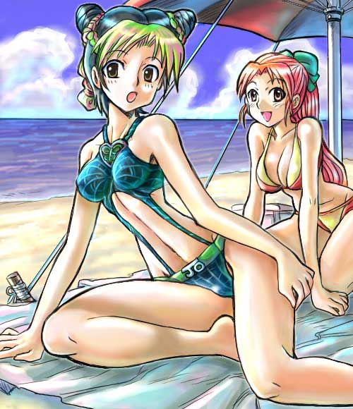 2girls bare_shoulders beach bikini braid breasts cleavage cosplay day double_bun green_eyes jojo_no_kimyou_na_bouken kujo_jolyne_(cosplay) kuujou_jolyne kuujou_jolyne_(cosplay) long_hair mani_atsuko medium_breasts mitsurou momote_yaiko multicolored_hair multiple_girls red_hair smile stone_ocean swimsuit taizou_mote_king_saga
