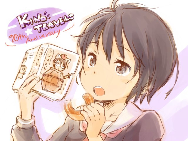 00s 1girl anniversary apple_on_head barrel black_eyes black_hair domino_mask donut eating food gakuen_kino kino_(kino_no_tabi) kino_no_tabi mask messy_hair novel open_mouth reading school_uniform serafuku shirotaka_(shirotaka) shizu_(kino_no_tabi) short_hair upper_body