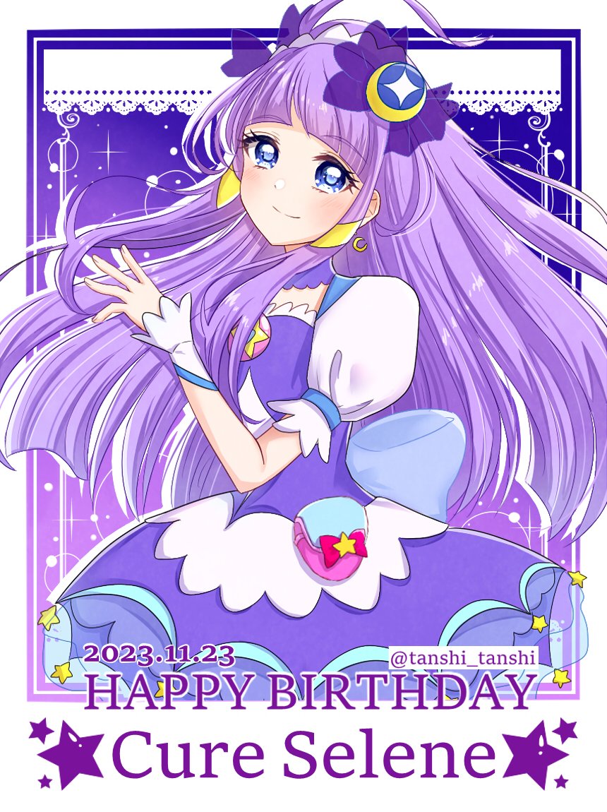 1girl blue_eyes character_name choker crescent crescent_earrings cure_selene dated dress earrings hair_ornament happy_birthday heart_pouch jewelry kaguya_madoka long_hair looking_at_viewer magical_girl planet_hair_ornament precure puffy_sleeves purple_background purple_choker purple_dress purple_hair rainbow_skirt smile solo star_(symbol) star_choker star_color_pen star_color_pendant star_twinkle_precure tanshi_tanshi twitter_username upper_body white_background