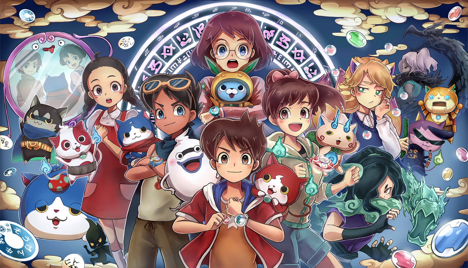 10s 3girls 5boys :3 :t abbreviated_karakusa amano_keita amano_yukiko_(youkai_watch) animal_ears bad_id bad_pixiv_id belt blue_cape blue_eyes blush braid brown_eyes brown_hair buchinyan candy candy_bar cape cat chocoboo coat cucumber darknyan dekanyan dkodama_mariko dress eating everyone fangs fingerless_gloves food fox_ears fox_tail fumiaki_(youkai_watch) furoshiki fuyunyan ghost glasses gloves golnyan grandfather_and_granddaughter grandfather_and_grandson green_eyes green_hair hair_over_one_eye happy heart helmet high_ponytail jacket japanese_clothes jibanyan kageorochi keizou kemonomimi_mode kitsune kodama_fumika komasan kyuntama kyuubi kyuubi_(youkai_watch) long_hair looking_at_viewer looking_back mirror misora_inaho momozono_rilulu monster_boy multiple_boys multiple_girls multiple_tails name_connection notched_ear object_namesake open_clothes open_jacket open_mouth orochi_(youkai_watch) pendant_watch personification pompadour ponytail pun purple_lips rabbit_ears red_cape red_dress red_eyes rivets robot scar scar_across_eye scar_on_face short_hair shorts sleeveless smile smoke spacesuit sunglasses sweater_vest tail tokkoufuku tongue tongue_out traditional_youkai twin_braids two_tails ungaikyou ungaikyou_(youkai_watch) usapyon warunyan watch whisper_(youkai_watch) yellow_eyes youkai_guts_k youkai_medal youkai_watch youkai_watch_(object) youkai_watch_2 youkai_watch_3 youkai_watch_u_prototype youkai_watch_zero-shiki