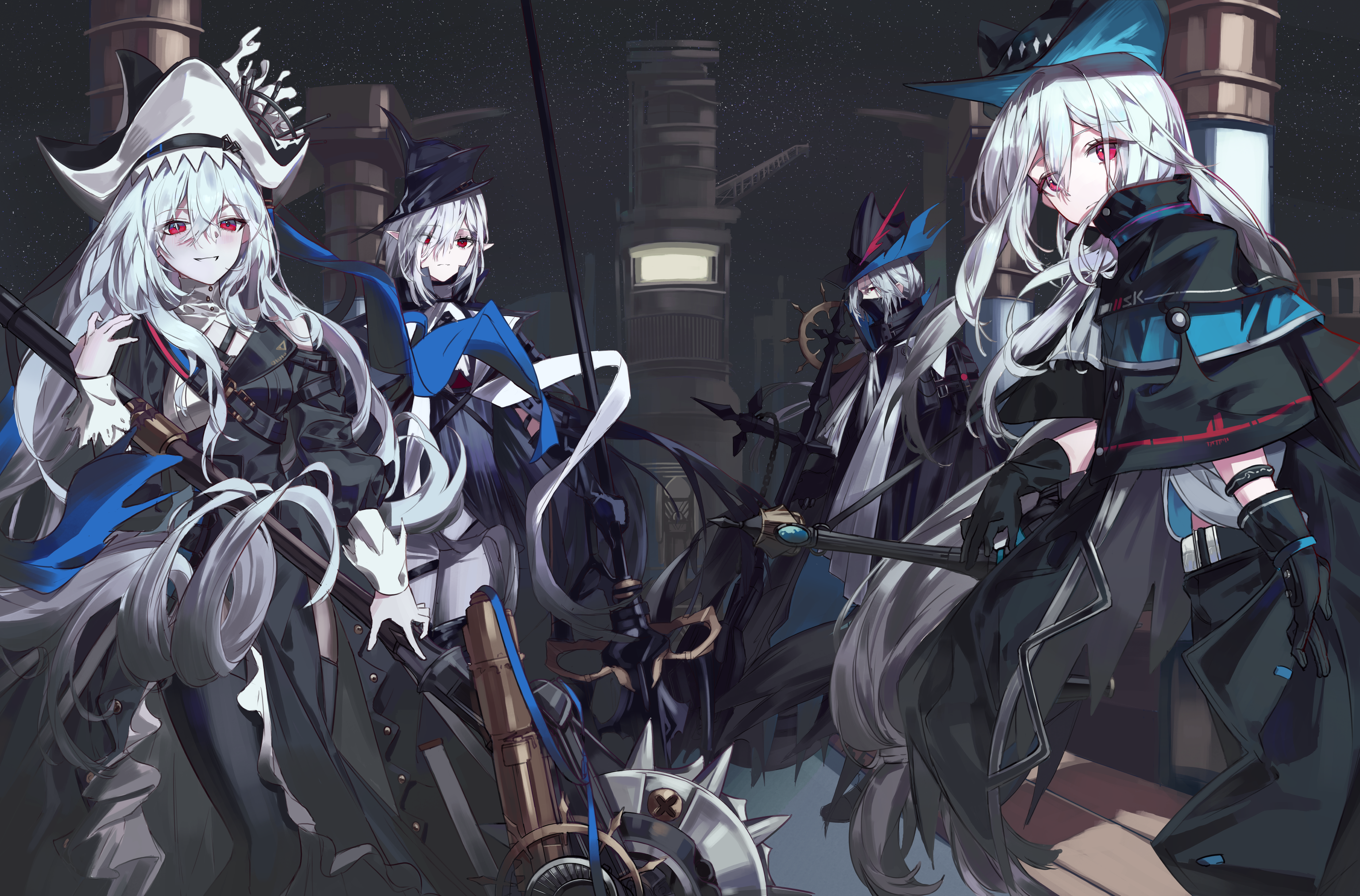 1boy 3girls absurdly_long_hair absurdres arknights black_gloves blush capelet chainsaw ehdghks500 gladiia_(arknights) gloves hat highres holding holding_chainsaw holding_polearm holding_sword holding_weapon long_hair looking_at_viewer multiple_girls parted_lips polearm red_eyes serious skadi_(arknights) smile specter_(arknights) specter_the_unchained_(arknights) sword tricorne ulpianus_(arknights) very_long_hair weapon white_hair