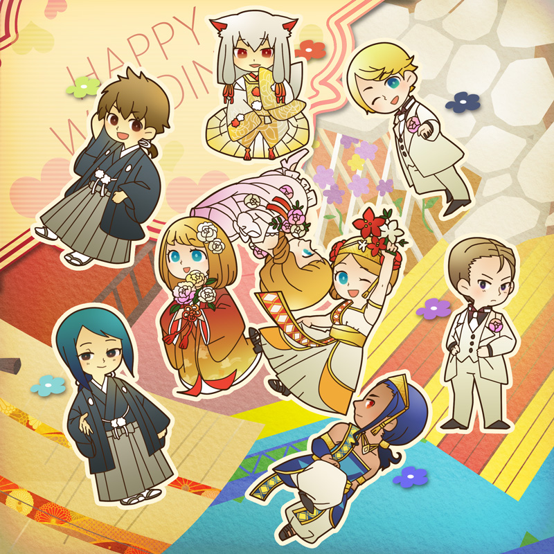 1other 3girls 5boys :d alternate_costume alternate_hairstyle animal_ears arm_up back_bow black_shirt black_shoes blonde_hair blue_eyes blue_hair blue_haori blue_kimono blue_tunic bokujou_monogatari bokujou_monogatari:_mittsu_no_sato_no_taisetsuna_tomodachi boutonniere bow bride brown_eyes brown_hair chibi chibi_only chinese_knot collarbone collared_shirt double-parted_bangs dress flower ford_(bokujou_monogatari) formal_clothes fox_ears fox_tail frilled_dress frills gold_necklace gold_trim gradient_clothes gradient_kimono grey_hakama groom hair_between_eyes hair_bun hair_flower hair_ornament hair_over_shoulder hair_slicked_back hakama haori harem_pants headscarf high_heels hinata_(bokujou_monogatari) holding holding_flower inari_(bokujou_monogatari) jacket japanese_clothes jewelry kimono light_blush long_hair long_sleeves looking_at_viewer low-tied_sidelocks low_ponytail ludus_(bokujou_monogatari) multiple_boys multiple_girls nanami_(bokujou_monogatari) necklace necktie one_eye_closed open_mouth outline pants parted_bangs patterned_background peony_(flower) pink_flower pom_pom_(clothes) ponytail pumps rattail reaching reaching_towards_viewer red_eyes red_flower sandals sash shirt shoes short_hair short_ponytail short_sleeves sidelocks single_hair_bun sitting sleeveless_tunic sleeves_past_fingers sleeves_past_wrists smile sorarina78 suit tabi tail tunic uchikake v-shaped_eyebrows vest wayne_(bokujou_monogatari) wedding_dress white_dress white_flower white_hair white_jacket white_necktie white_outline white_pants white_shoes white_suit white_vest wide_sleeves wing_collar yellow_sash yuzuki_(bokujou_monogatari) zouri
