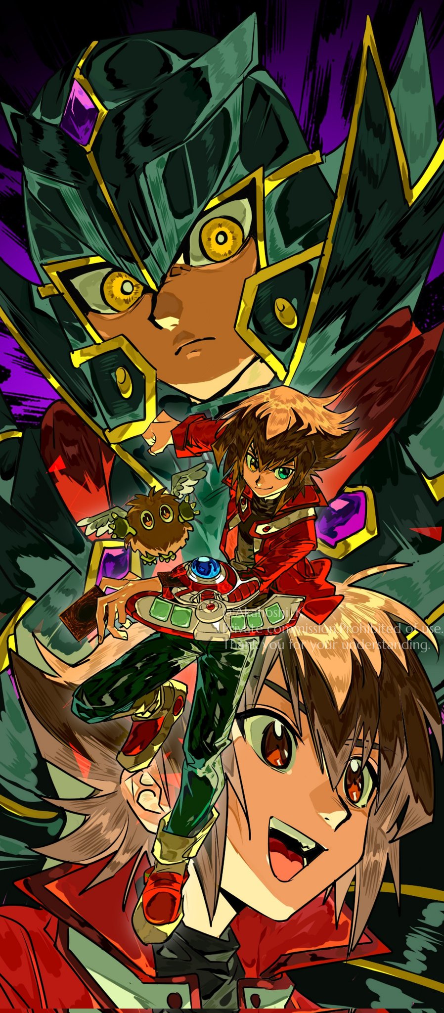 1boy armor black_armor black_helmet black_shirt blue_pants body_fur brown_fur brown_hair commission corrupted_twitter_file denim duel_academy_uniform_(yu-gi-oh!_gx) duel_disk duel_monster feathered_wings green_eyes helmet heterochromia highres jacket medium_hair orange_eyes pants red_jacket second-party_source shirt supreme_king_(yu-gi-oh!_gx) white_wings winged_kuriboh wings xi_luo_an_ya yellow_eyes yu-gi-oh! yu-gi-oh!_gx yuki_judai