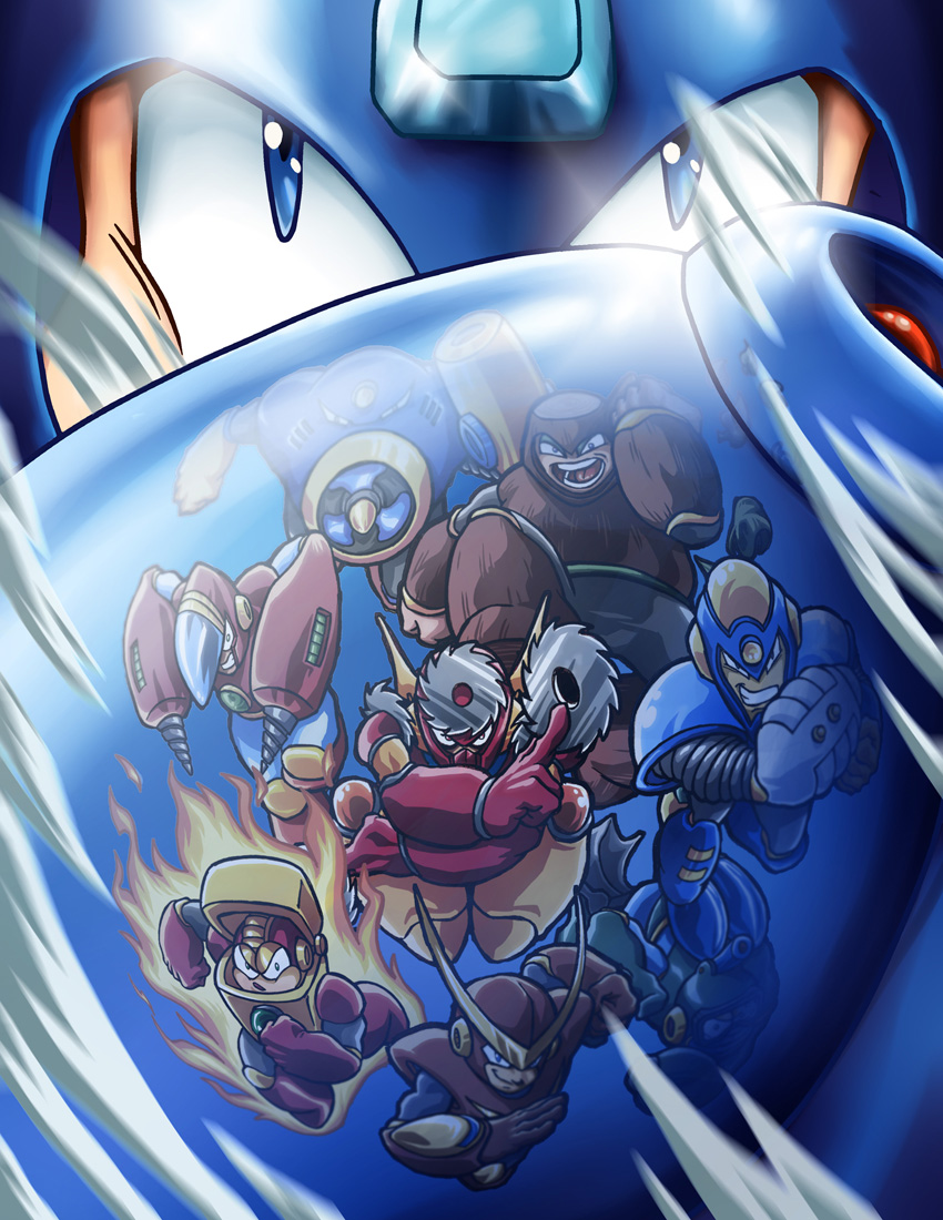 6+boys air_man angry arm_cannon battle blue_eyes boomerang bubble_man crash_man evil_grin evil_smile fire flash_man grin heat_man helmet joints mega_man_(character) mega_man_(classic) mega_man_(series) mega_man_2 metal_man multiple_boys open_mouth quick_man reflection robot robot_ears robot_joints serious smile weapon wood_man