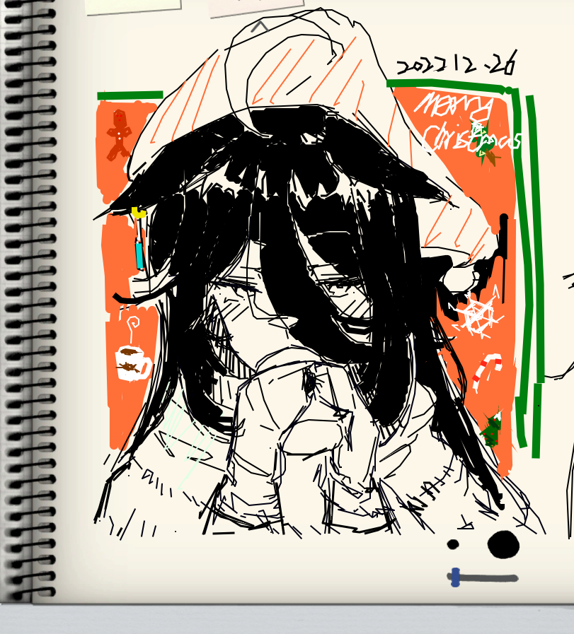 1girl ahoge animal_ears candy candy_cane christmas_tree cup dated ear_tag earrings ears_down food gingerbread_man gloves hair_between_eyes hands_up hat hl_(user_zjud7874) horse_ears horse_girl jewelry long_hair_between_eyes looking_at_viewer manhattan_cafe_(umamusume) merry_christmas mug multicolored_hair own_hands_together partially_colored scarf single_earring solo thighhighs umamusume winter_clothes