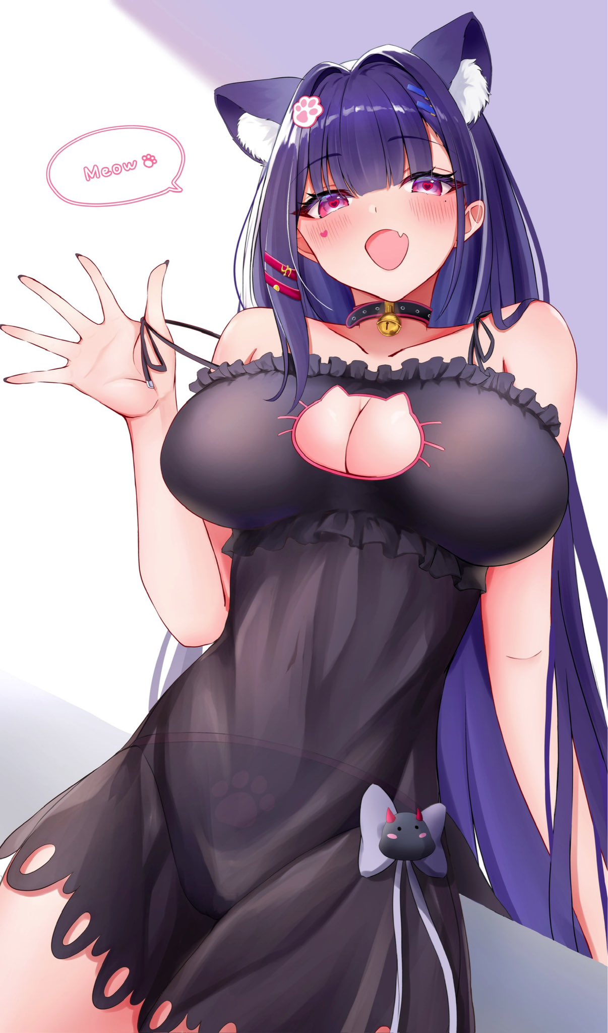 1girl akuma_nihmune animal_collar animal_ear_fluff animal_ears bell black_hair black_nightgown black_panties breasts cat_cutout cat_ears cleavage clothing_cutout collar collarbone facial_mark fang heart heart-shaped_pupils heart_facial_mark highres indie_virtual_youtuber long_hair meowing mole mole_under_eye multicolored_hair neck_bell nightgown nohanenoe open_mouth panties paw_hair_ornament purple_eyes see-through_clothes skin_fang solo speech_bubble strap_pull streaked_hair symbol-shaped_pupils underwear virtual_youtuber white_hair
