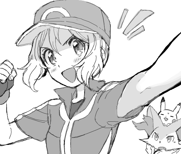 1girl :d =_= amezawa_koma animal_ear_fluff ash_ketchum_(cosplay) baseball_cap blush blush_stickers closed_mouth cosplay fang fennekin fingerless_gloves gen_1_pokemon gen_6_pokemon gloves greyscale hair_up hashtag-only_commentary hat looking_ahead looking_at_another monochrome nintendo notice_lines open_mouth pikachu pokemon pokemon_(anime) pokemon_xy_(anime) popped_collar serena_(pokemon) short_sleeves simple_background smile sweatdrop upper_body v-shaped_eyebrows white_background zipper