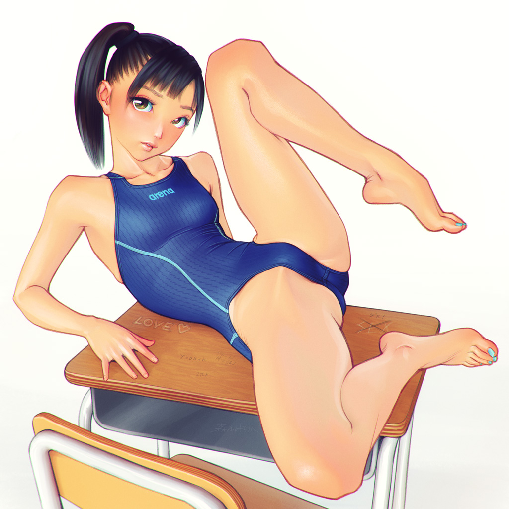 1girl aqua_nails arena_(company) barefoot black_hair blue_one-piece_swimsuit breasts brown_eyes commentary_request competition_swimsuit full_body fumichika_mori groin looking_at_viewer nail_polish on_table one-piece_swimsuit original ponytail short_hair small_breasts solo spread_legs swimsuit table toenail_polish toenails toes