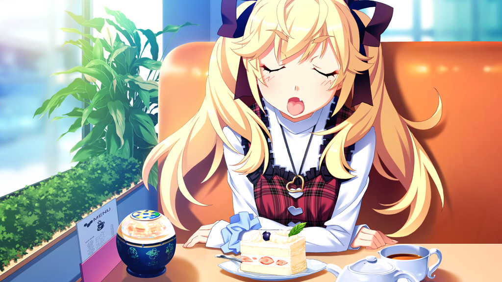1girl black_ribbon blonde_hair blue_scrunchie blush booth_seating cake closed_eyes cup day dress elbow_rest eyeliner facing_viewer fang food game_cg grisaia_(series) grisaia_no_meikyuu hair_ribbon heart heart_necklace indoors jewelry large_variant_set long_hair long_sleeves makeup menu necklace non-web_source on_chair open_mouth plaid_clothes plaid_dress plant plate red_dress red_eyeliner restaurant ribbon scrunchie shirt sitting sleeveless sleeveless_dress sleeves_past_wrists solo strawberry_cake table tea teacup teapot tongue tongue_out turtleneck turtleneck_shirt twintails variant_set watanabe_akio white_shirt wind wrist_scrunchie
