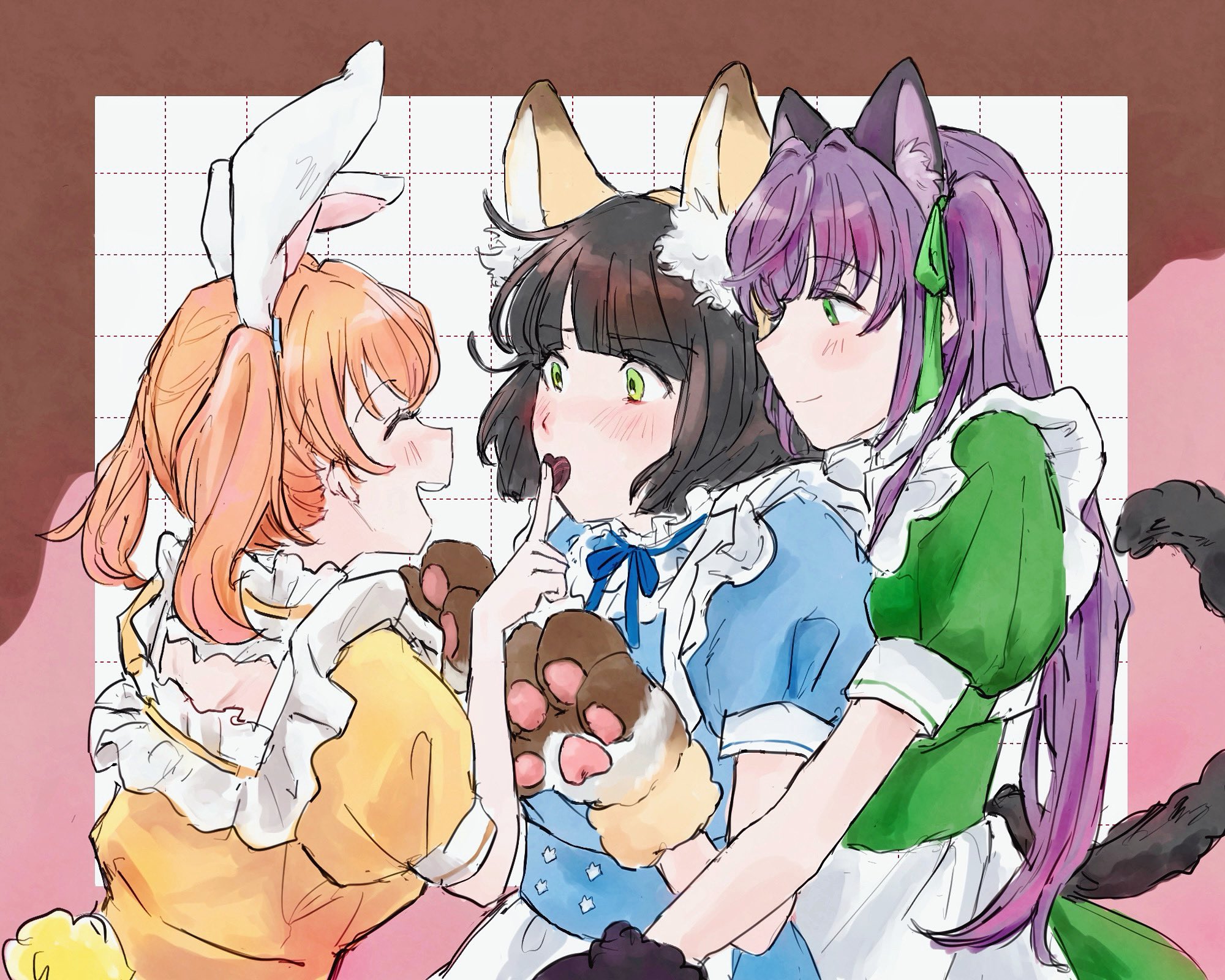 3girls :d ^_^ animal_ear_fluff animal_ear_hairband animal_ears animal_hands apron blue_dress blue_ribbon blunt_bangs blush bob_cut border brown_border candy cat_ear_hairband cat_ears cat_tail cerise_bouquet chocolate chocolate_heart closed_eyes closed_mouth commentary_request dotted_line dress facing_another fake_animal_ears feeding food food_in_mouth fox_ears frilled_apron frilled_dress frills gloves green_dress green_eyes green_ribbon grid_background hair_ribbon hairband heart heart-shaped_food highres hinoshita_kaho hinoshita_kaho_(animal_cafe) link!_like!_love_live! long_hair looking_at_another love_live! maid medium_hair momose_ginko momose_ginko_(animal_cafe) multiple_girls neck_ribbon nose_blush official_alternate_costume open_mouth orange_dress otomune_kozue otomune_kozue_(animal_cafe) paw_gloves pink_border profile puffy_short_sleeves puffy_sleeves rabbit_ear_hairband rabbit_ears ribbon short_sleeves sideways_mouth smile tail teeth twintails upper_body upper_teeth_only virtual_youtuber waist_apron white_apron white_background wide-eyed yam5565 yuri