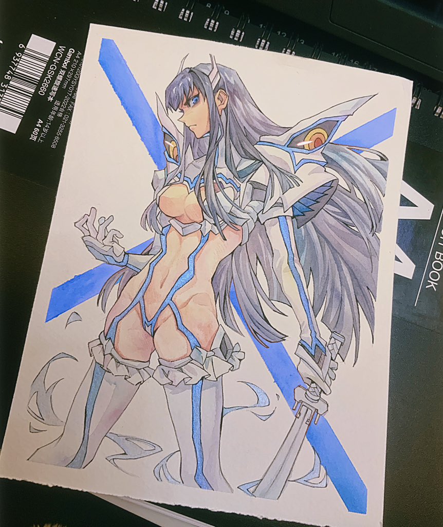 aynm010330 black_hair blue_eyes boots border breasts closed_mouth commentary cowboy_shot frown hashtag-only_commentary holding holding_sword holding_weapon junketsu kill_la_kill kiryuuin_satsuki living_clothes navel photo_(medium) revealing_clothes sidelocks sword thick_eyebrows thigh_boots traditional_media underboob weapon white_border