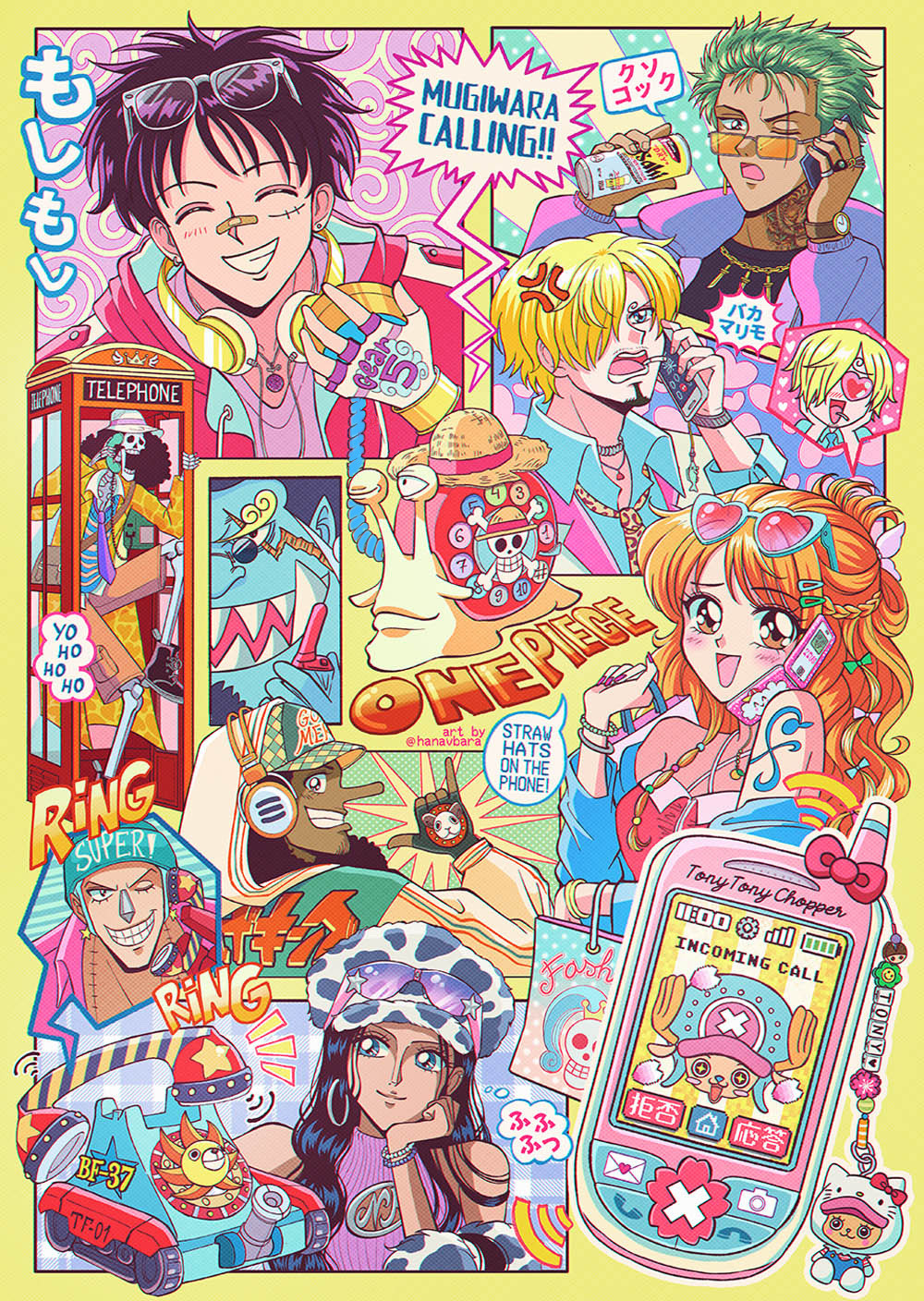 2girls 6+boys absurdly_detailed_composition anger_vein animal_print artist_name asahi_breweries bag bandaid bandaid_on_face bandaid_on_nose bare_shoulders baseball_cap beer_can black_eyes black_hair blonde_hair blue_eyes blue_hair blush boots bracelet brook_(one_piece) brown_eyes can cargo_shorts carrying_bag cellphone cellphone_charm cellphone_strap character_name charm_(object) cigarette closed_eyes closed_mouth colored_skin commentary copyright_name curly_eyebrows cursive dark-skinned_male dark_skin den_den_mushi drink_can earrings english_commentary english_text eyewear_on_head facial_hair fingerless_gloves flip_phone franky_(one_piece) full_body gloves green_hair green_ribbon grin hair_ornament hair_over_one_eye hairclip halftone hanavbara hand_on_own_cheek hand_on_own_face hand_tattoo hat headphones headphones_around_neck heart heart-shaped_eyes heart-shaped_eyewear highres holding holding_can hood hood_up hoop_earrings jacket jewelry jinbe_(one_piece) khaki_pants korean_text leg_up long_hair long_nose looking_at_another looking_at_object looking_at_phone looking_at_viewer looking_back looking_up military_vehicle mixed-language_text monkey_d._luffy motor_vehicle multiple_boys multiple_bracelets multiple_girls multiple_views nail_polish nami_(one_piece) neck_tattoo necktie nico_robin one_eye_closed one_piece open_mouth orange-tinted_eyewear orange_hair phone phone_booth pink_nails retro_artstyle ribbon roronoa_zoro sanji_(one_piece) scar scar_across_eye scar_on_face sharp_teeth short_hair shorts shoulder_bag shoulder_tattoo silver_earrings skeleton smile snail sound_effects speech_bubble star_(symbol) star_earrings straw_hat straw_hat_pirates stud_earrings sunglasses tan tank tattoo teeth tinted_eyewear tongue tony_tony_chopper translation_request upper_body usopp very_short_hair y2k_fashion