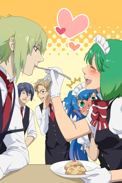 2girls 3boys alternate_costume blonde_hair blue_hair blush brera_sterne brother_and_sister cero_(cerocero) eating closed_eyes feeding food glasses gloves green_eyes green_hair heart holding klan_klein long_hair macross macross_frontier maid_headdress meltrandi miclone mikhail_buran multiple_boys multiple_girls open_mouth ranka_lee red_eyes saotome_alto short_hair siblings smile waiter waitress white_gloves