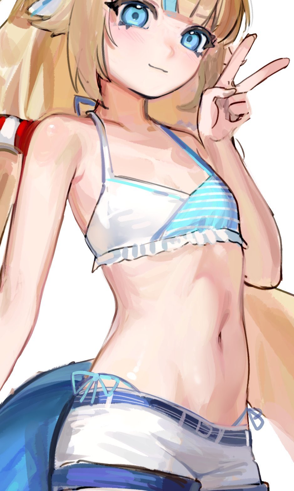 1girl bikini blonde_hair blue_bikini blue_eyes blue_hair blue_streaks close-up commentary cowboy_shot cropped english_commentary fins fish_girl fish_tail hand_up head_tilt highleg highleg_bikini highres indie_virtual_youtuber lifebuoy lifebuoy_hair_ornament light_smile long_hair looking_at_viewer low_twintails mae_algae multicolored_hair navel sameko_saba short_shorts shorts simple_background solo stomach_focus streaked_hair striped_bikini striped_clothes swim_ring swimsuit tail twintails v very_long_hair virtual_youtuber white_background white_bikini white_shorts
