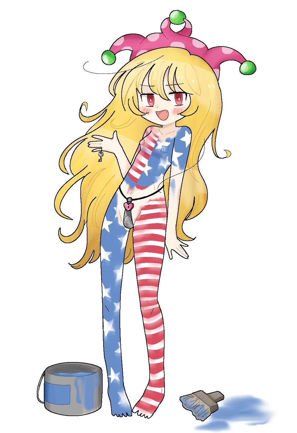 1girl american_flag blonde_hair blush bodypaint breasts chastity_belt clownpiece fang hat highres jester_cap key keyring long_hair naked_paint navel nude paint_can paintbrush pasties small_breasts solo vlasya