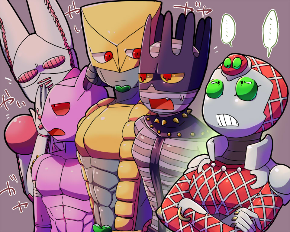 abs clenched_teeth crossed_arms diamond_wa_kudakenai dirty_deeds_done_dirt_cheap fang flying_sweatdrops jojo_no_kimyou_na_bouken kamiura killer_queen king_crimson_(stand) muscular no_humans open_mouth red_eyes stand_(jojo) stardust_crusaders steel_ball_run stone_ocean teeth the_world vento_aureo whitesnake_(stand)