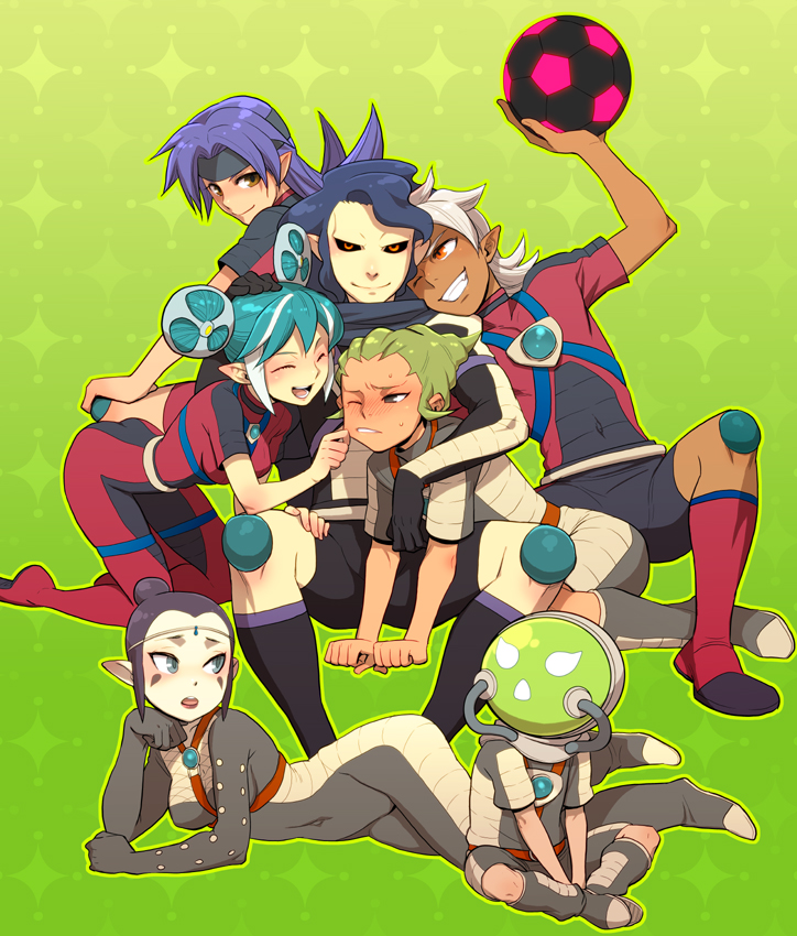 2girls 5boys black_hair black_sclera blue_hair blush cheek_pinching colored_sclera dark_skin dogdogdog epsilon_(inazuma_eleven) fang gemini_storm green_hair grin hair_ornament inazuma_eleven inazuma_eleven_(series) kinki_nozomi midorikawa_ryuuji multiple_boys multiple_girls mutou_satoshi omotsuki_sora one_eye_closed orange_eyes pinching pointy_ears saginuma_osamu segata_ryuuichiro segata_ryuuichirou smile soccer_uniform sportswear sumeragi_maki sweat tan twintails white_hair wince wink
