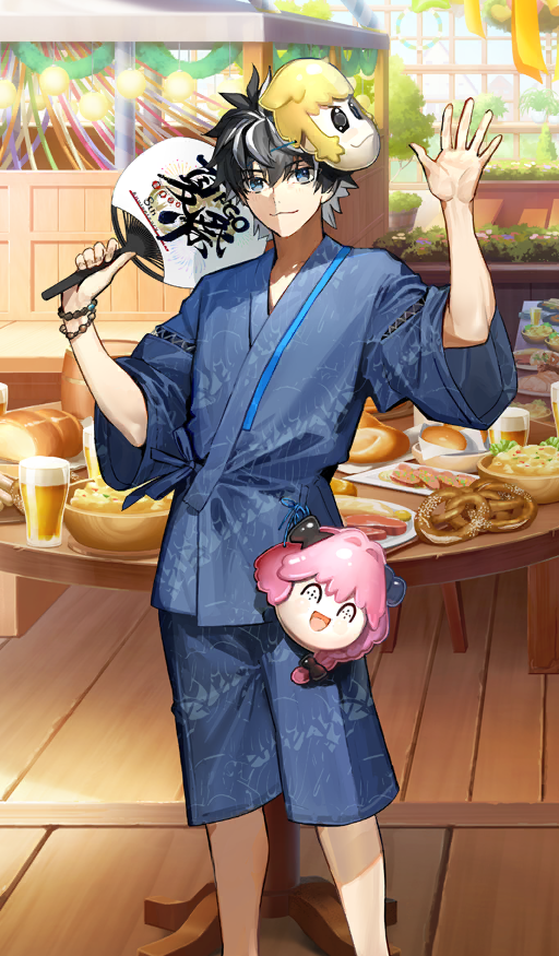 1boy :3 astolfo_(fate) black_hair blue_eyes blue_kimono blue_shorts bracelet character_mask charlemagne_(event_portrait)_(fate) charlemagne_(fate) closed_mouth commentary_request copyright_name fate/grand_order fate_(series) feet_out_of_frame hand_fan hands_up holding holding_fan japanese_clothes jewelry kimono legs_apart looking_at_viewer male_focus mask mask_on_head multicolored_hair multiple_bracelets official_alternate_costume oktoberfest paper_fan roland_(fate) short_sleeves shorts solo standing third-party_source two-tone_hair uchiwa wada_arco white_hair wide_sleeves yukata
