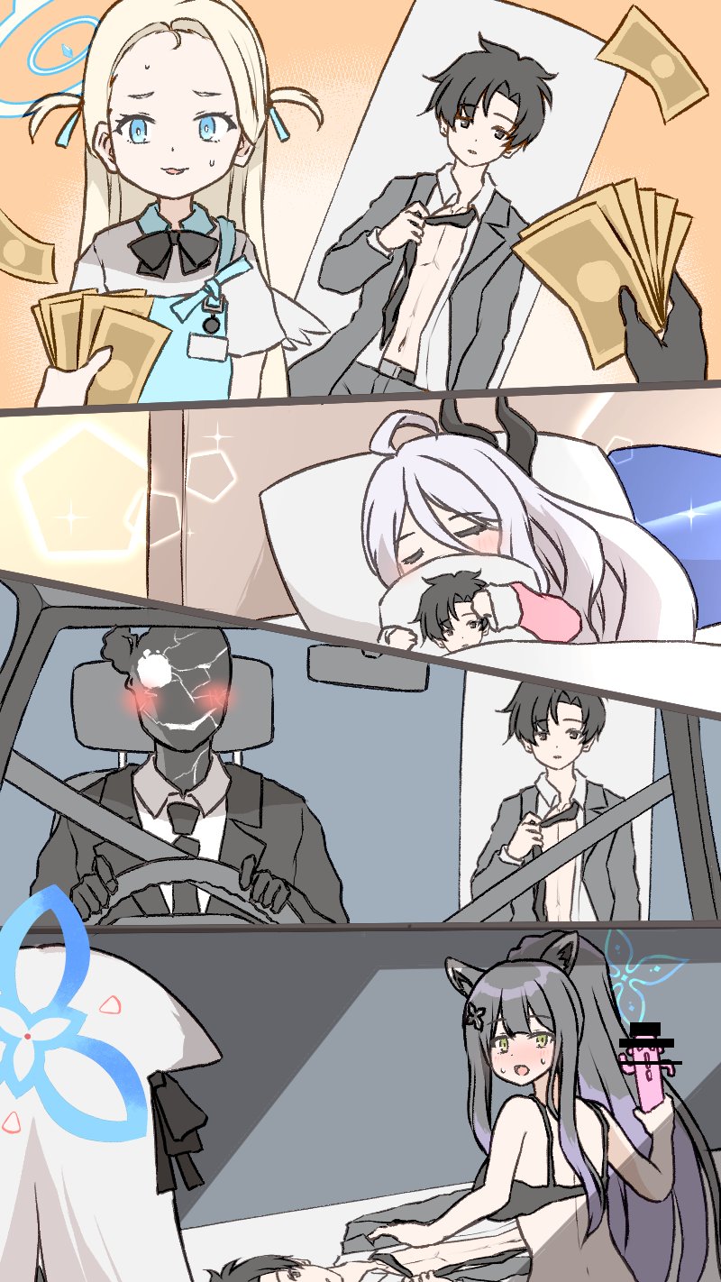 1boy 4girls ahoge angel_wings animal_ear_fluff animal_ears apron bar_censor black_bra black_gloves black_hair black_suit_(blue_archive) blonde_hair blue_archive blue_eyes blue_hair blue_halo blush bra censored closed_eyes commentary_request dakimakura_(object) demon_girl demon_horns driving gloves green_eyes halo highres hina_(blue_archive) holding_tie horns hugging_object kokona_(blue_archive) long_hair looking_at_another looking_back money multicolored_hair multiple_girls necktie open_clothes open_shirt pillow seatbelt sensei_(blue_archive) sensei_(blue_archive_the_animation) short_hair shun_(blue_archive) sora_(blue_archive) sweatdrop tififox two-tone_hair under_covers underwear very_long_hair white_hair wings