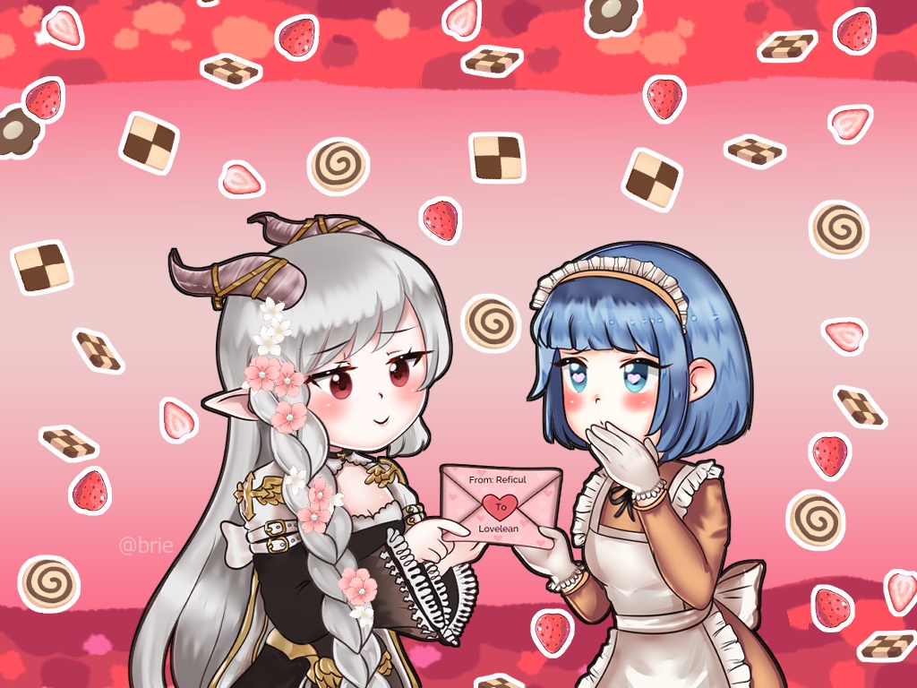 2girls alty_(ragnarok_online) apron black_dress blue_eyes blue_hair blunt_bangs blush breasts brieart brown_dress brown_horns cardinal_(ragnarok_online) checkerboard_cookie cleavage cleavage_cutout closed_mouth clothing_cutout commentary cookie covering_own_mouth cowboy_shot dress english_commentary food frilled_apron frilled_sleeves frills fruit gloves grey_hair heart heart-shaped_pupils horns kafra_uniform letter long_dress long_hair long_sleeves looking_at_another love_letter maid maid_headdress medium_breasts multiple_girls neck_ribbon pointy_ears ragnarok_online red_eyes ribbon smile strawberry symbol-shaped_pupils two-tone_dress white_apron white_dress white_gloves