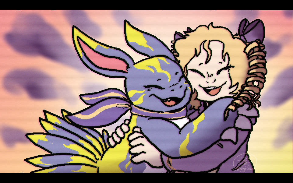 1girl blonde_hair digimon digimon_(creature) elecmon_(violet) ribbon sharp_teeth smile tail teeth