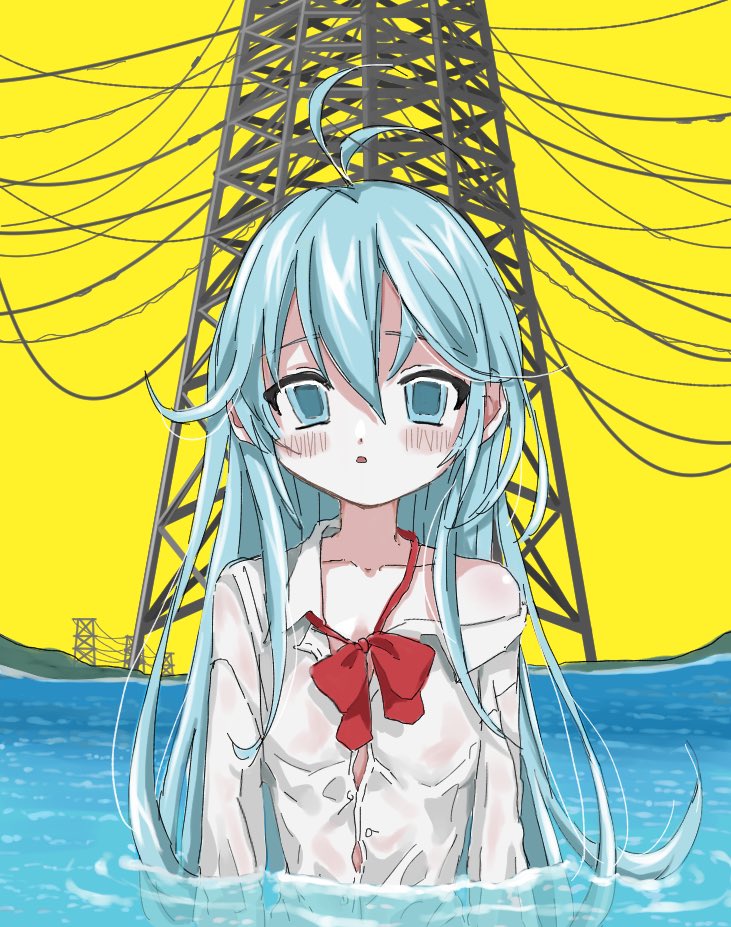 1girl antenna_hair blue_eyes blue_hair blush bow bowtie breasts cable collared_shirt denpa_onna_to_seishun_otoko expressionless long_hair looking_at_viewer loose_bowtie messy_hair parted_lips partially_submerged radio_tower red_bow red_bowtie shinsekai_(z_o10) shirt single_bare_shoulder sky small_breasts solo touwa_erio water wet wet_clothes white_shirt yellow_sky