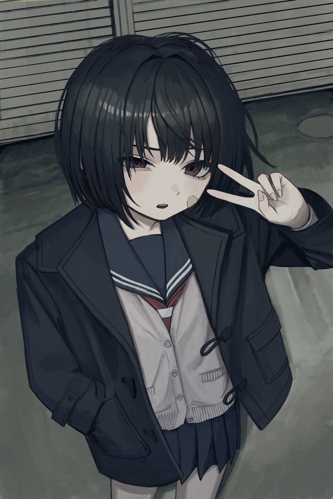 1girl bandaid bandaid_on_face black_hair black_jacket blue_sailor_collar blue_skirt brown_cardigan brown_eyes cardigan cowboy_shot garage half-closed_eye hand_in_pocket jacket light_blush long_sleeves looking_at_viewer neckerchief open_clothes open_jacket open_mouth original outdoors pleated_skirt red_neckerchief sailor_collar sakiika0513 school_uniform serafuku short_hair skirt solo v