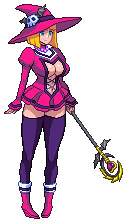 1girl animated animated_gif blonde_hair blue_eyes bouncing_breasts breasts center_opening chijoku_no_troll_busters cleavage cleavage_cutout clothing_cutout female_focus hat large_breasts lowres pixel_art red-p skull solo staff thighhighs witch witch_hat