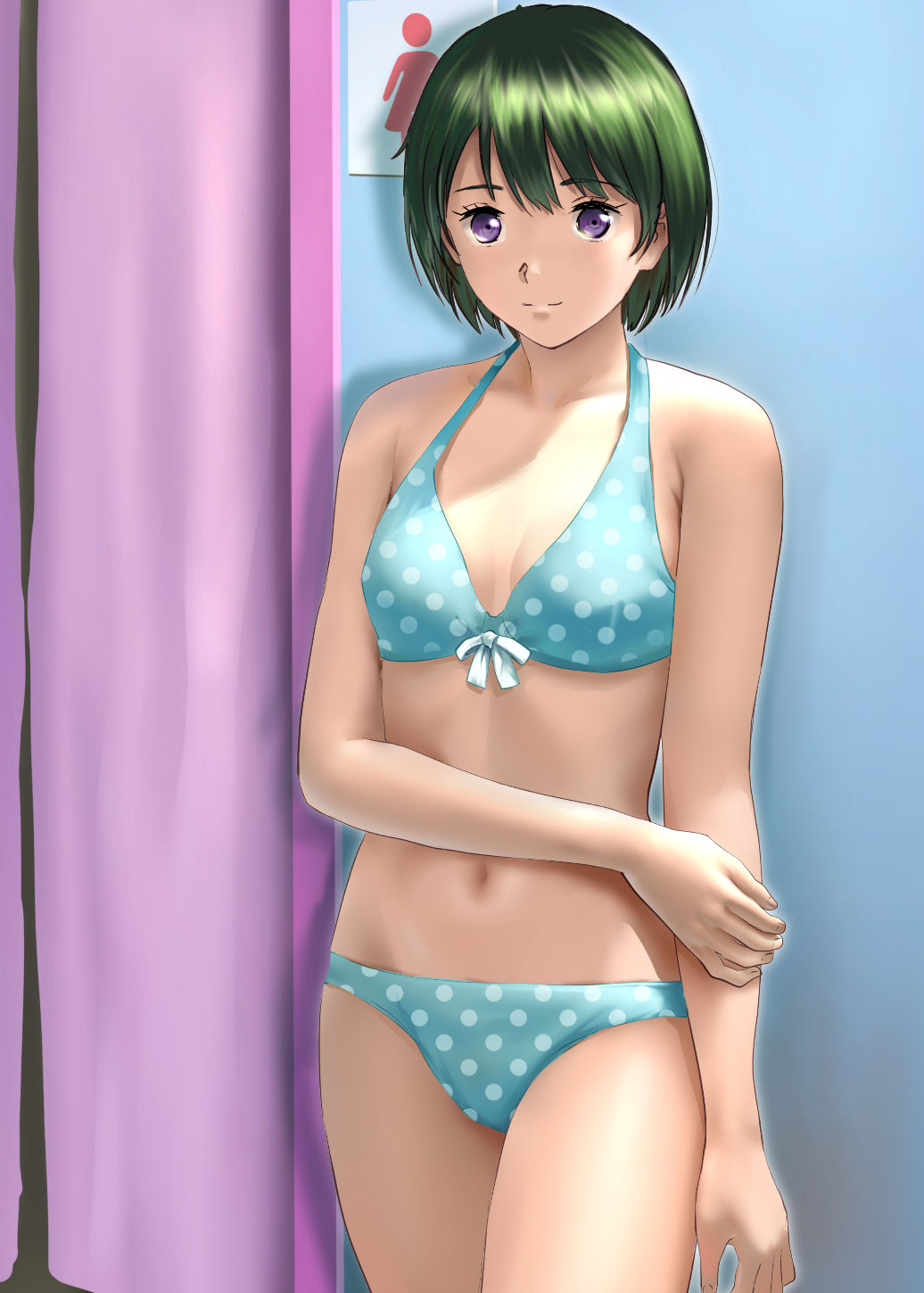 1girl bikini bikini_day black_hair blue_bikini breasts collarbone commentary_request cowboy_shot curtains fitting_room green_hair grey_eyes highres ho_den_keiji navel original polka_dot polka_dot_bikini short_hair small_breasts solo swimsuit