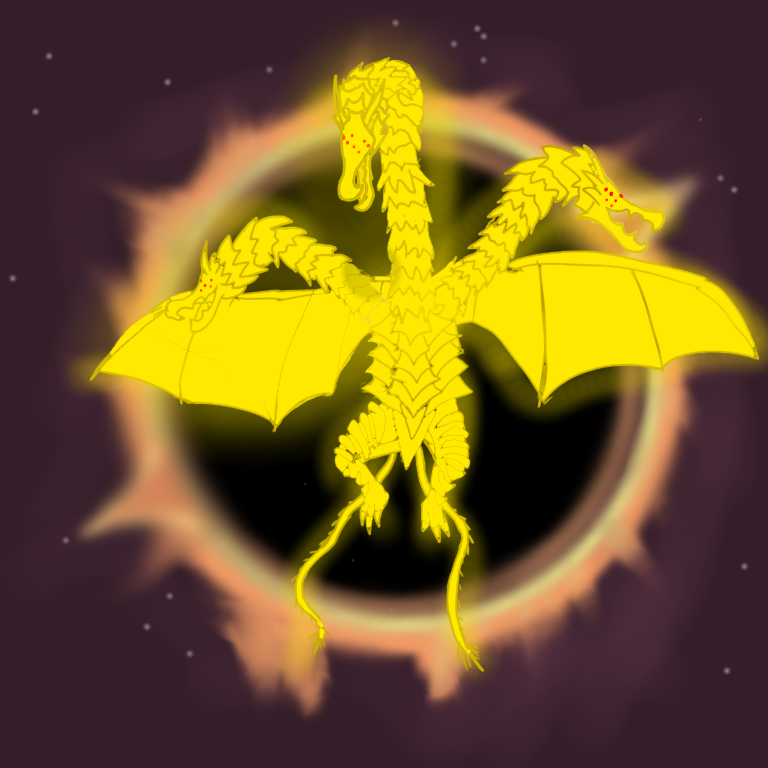 alien aura black_hole dragon dragon_horns dragon_wings electricity electricity_elemental elemental_(creature) energy energy_being extra_eyes extradimensional_being fangs fire glowing glowing_eyes godzilla:_the_planet_eater godzilla_(series) gold horns kaiju king_ghidorah light_elemental lightning_elemental monster multiple_heads multiple_tails no_humans open_mouth red_eyes scales sharp_teeth sky space space_monster tail teeth vts3797 wings