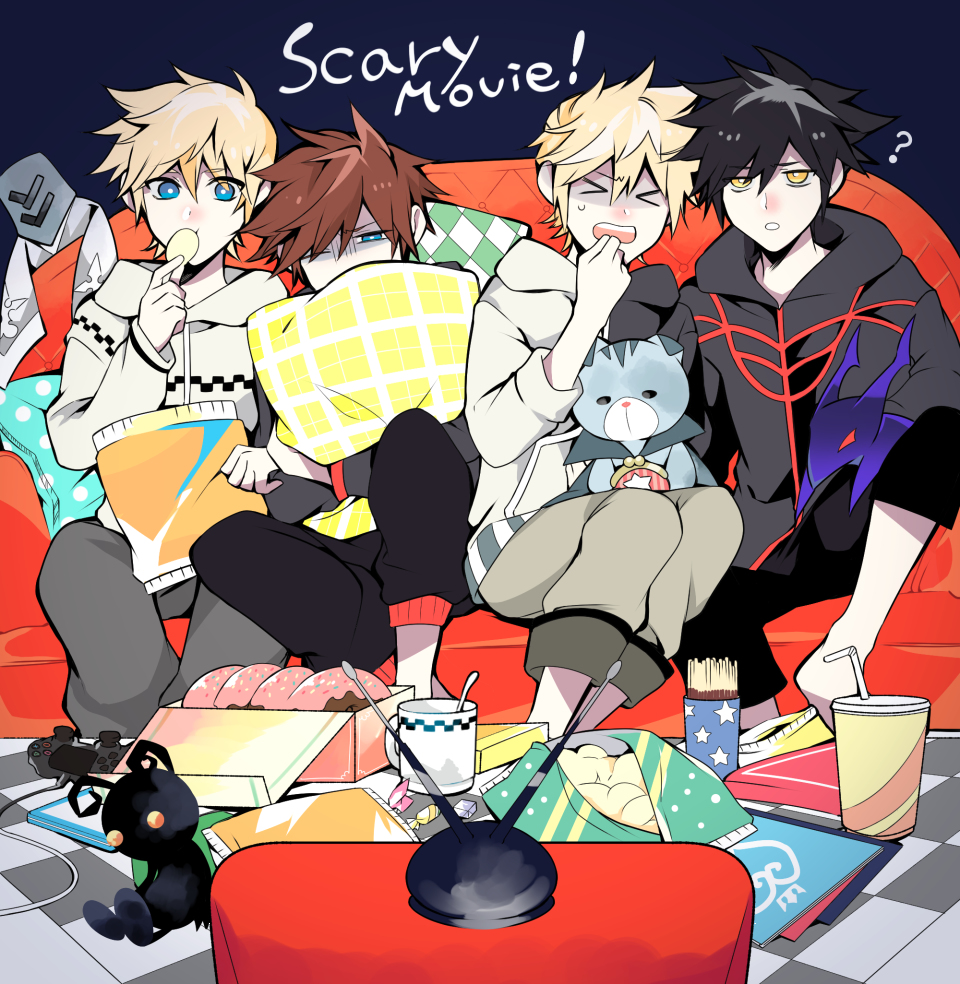 &gt;_&lt; 4boys ? akts_0714 alternate_costume bag_of_chips barefoot black_hoodie black_pants blonde_hair blue_eyes bright_pupils brown_hair candy checkered_floor chips_(food) chirithy closed_eyes controller couch covering_own_mouth creature cup disposable_cup donut dream_eater_(kingdom_hearts) drinking_straw eating flood_(kingdom_hearts) food full_body game_console game_controller grey_hoodie grey_pants hand_over_own_mouth hand_up heartless_(kingdom_hearts) hood hood_down hoodie hugging_object indoors kingdom_hearts knee_up male_focus mug multicolored_hoodie multiple_boys night nobody_(kingdom_hearts) on_couch one_eye_closed open_mouth pants parted_lips pillow pillow_hug playstation_4 pocky roxas samurai_(kingdom_hearts) scared shaded_face shadow_(kingdom_hearts) sitting sora_(kingdom_hearts) sweatpants television third-party_source unversed vanitas_(kingdom_hearts) ventus_(kingdom_hearts) watching_television wrapped_candy yellow_eyes