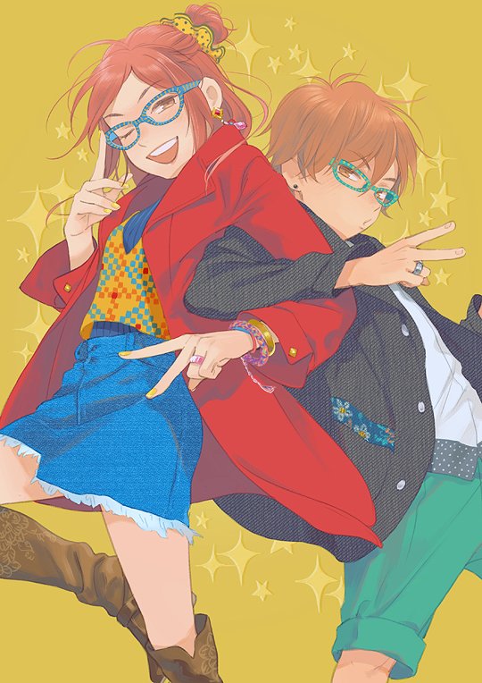 1boy 1girl ;d back-to-back bare_legs bespectacled black_jacket blue-framed_eyewear boots bracelet brown_eyes brown_footwear coat commentary denim denim_skirt earrings english_commentary feet_out_of_frame fingernails glasses green_pants hair_bun height_difference jacket jewelry koizumi_risa leg_up locked_arms looking_at_viewer loveariddle lovely_complex nail_polish o3o one_eye_closed ootani_atsushi open_mouth orange_shirt pants pouty_lips red_coat red_hair ring scrunchie shirt simple_background single_hair_bun skirt smile sparkle sparkle_background standing standing_on_one_leg teeth thigh_boots thighhighs upper_teeth_only v white_shirt yellow_background yellow_nails yellow_scrunchie