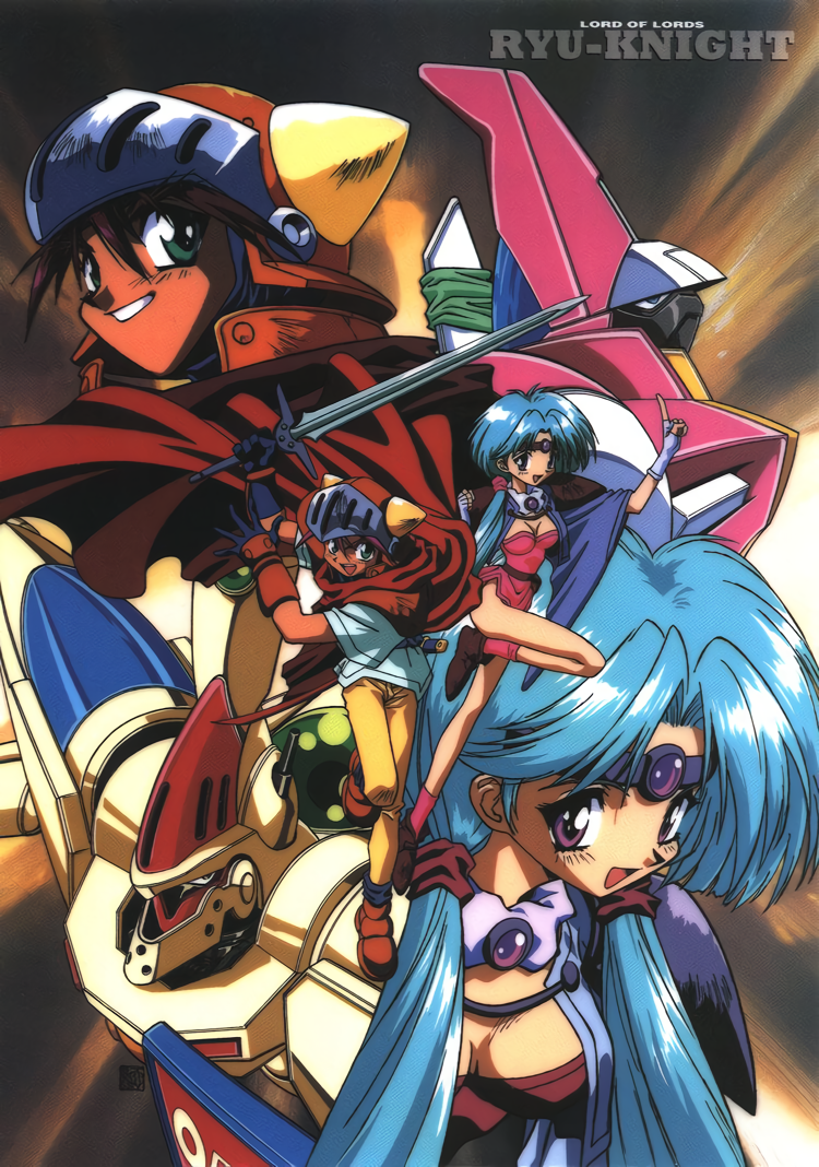 1990s_(style) 1boy 1girl adeu_warsam aqua_hair cape circlet copyright_name fingerless_gloves gloves grin haou_taikei_ryuu_knight helmet holding holding_sword holding_weapon index_finger_raised long_hair magidora mecha non-web_source official_art open_mouth paffy_pafuricia purple_eyes retro_artstyle robot smile sword weapon zephyr_(ryu_knight)