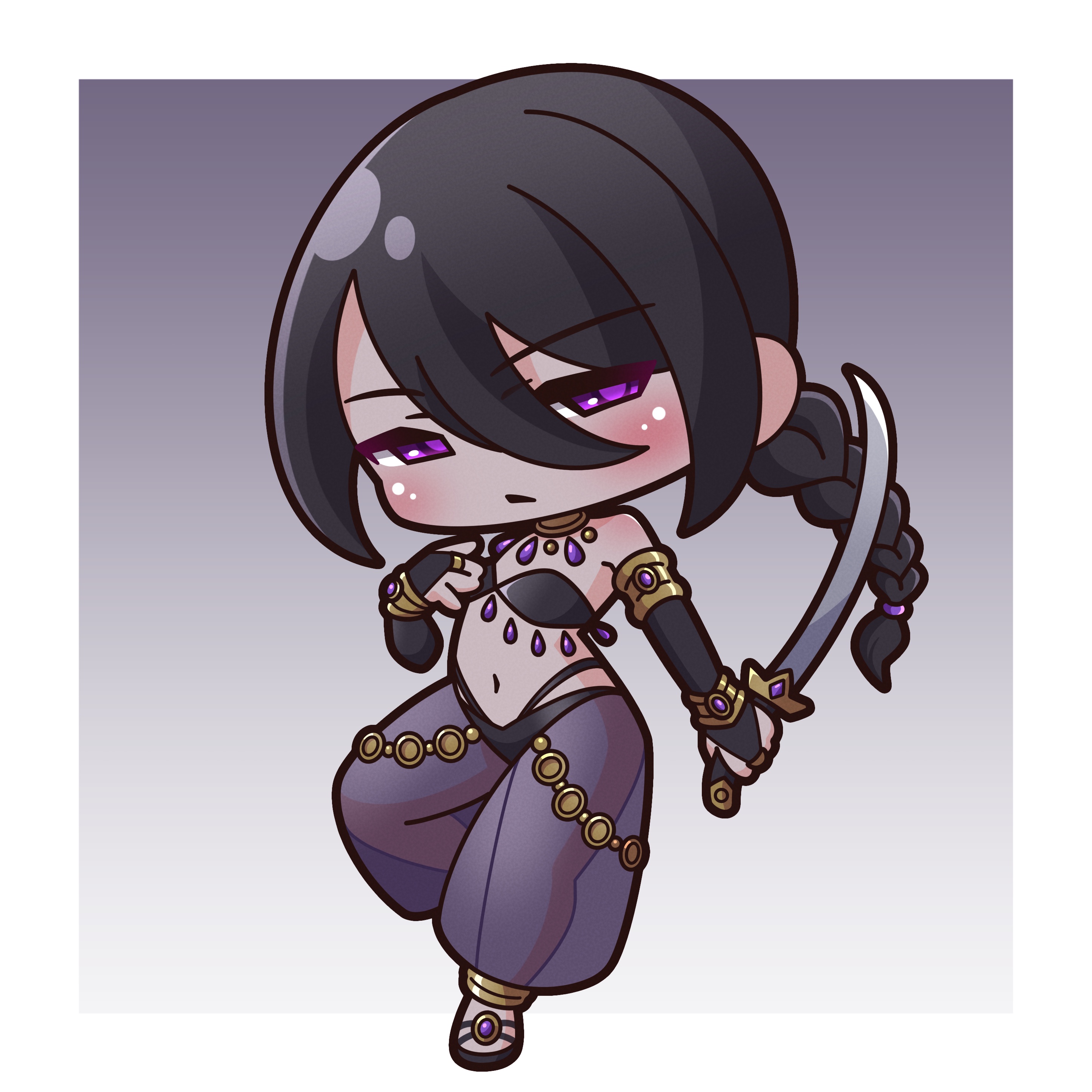 1girl absurdres bare_shoulders black_footwear black_hair blush braid breasts bridal_gauntlets chibi closed_mouth commentary_request full_body gradient_background grey_background hair_between_eyes half-closed_eyes highres holding holding_sword holding_weapon long_hair looking_at_viewer navel original personification puffy_pants purple_eyes saishosaisekojo scorpio_(zodiac) see-through_clothes single_braid small_breasts solo standing standing_on_one_leg sword very_long_hair weapon weapon_request zodiac